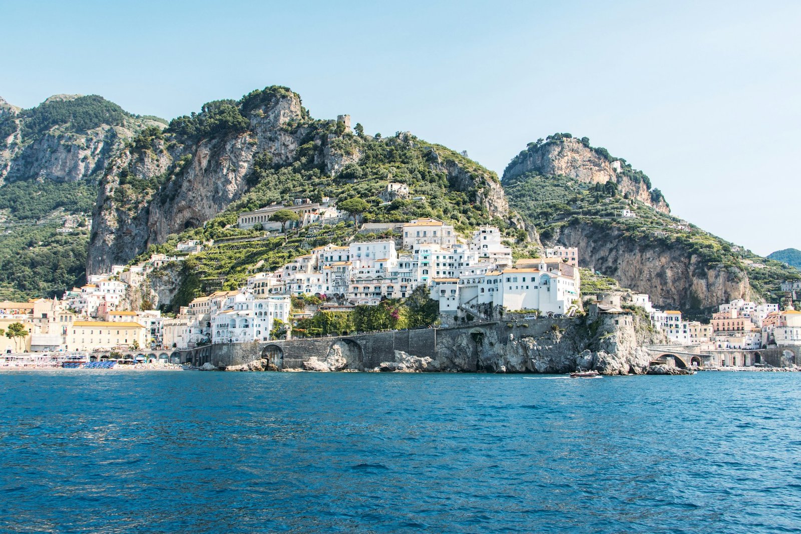 White coastal buildings clinging to the hills of Positano