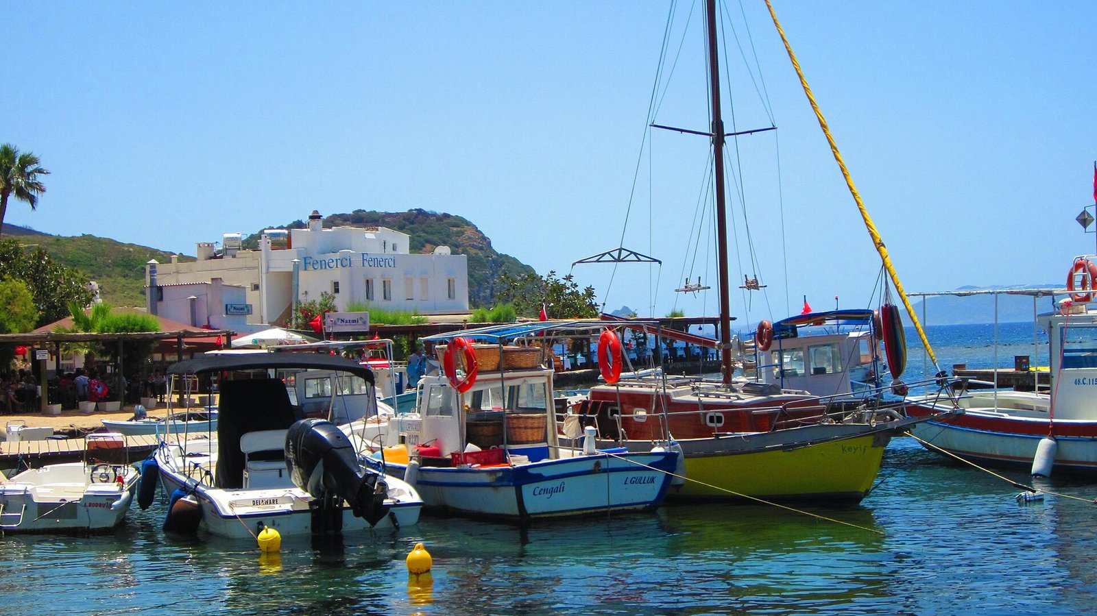 Seaside restaurants and calm water in Gümüşlük