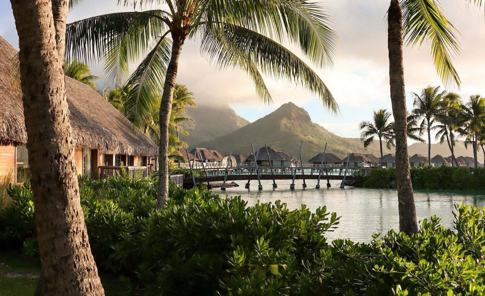 Palm trees and bungalows with Mount Otemanu beyond