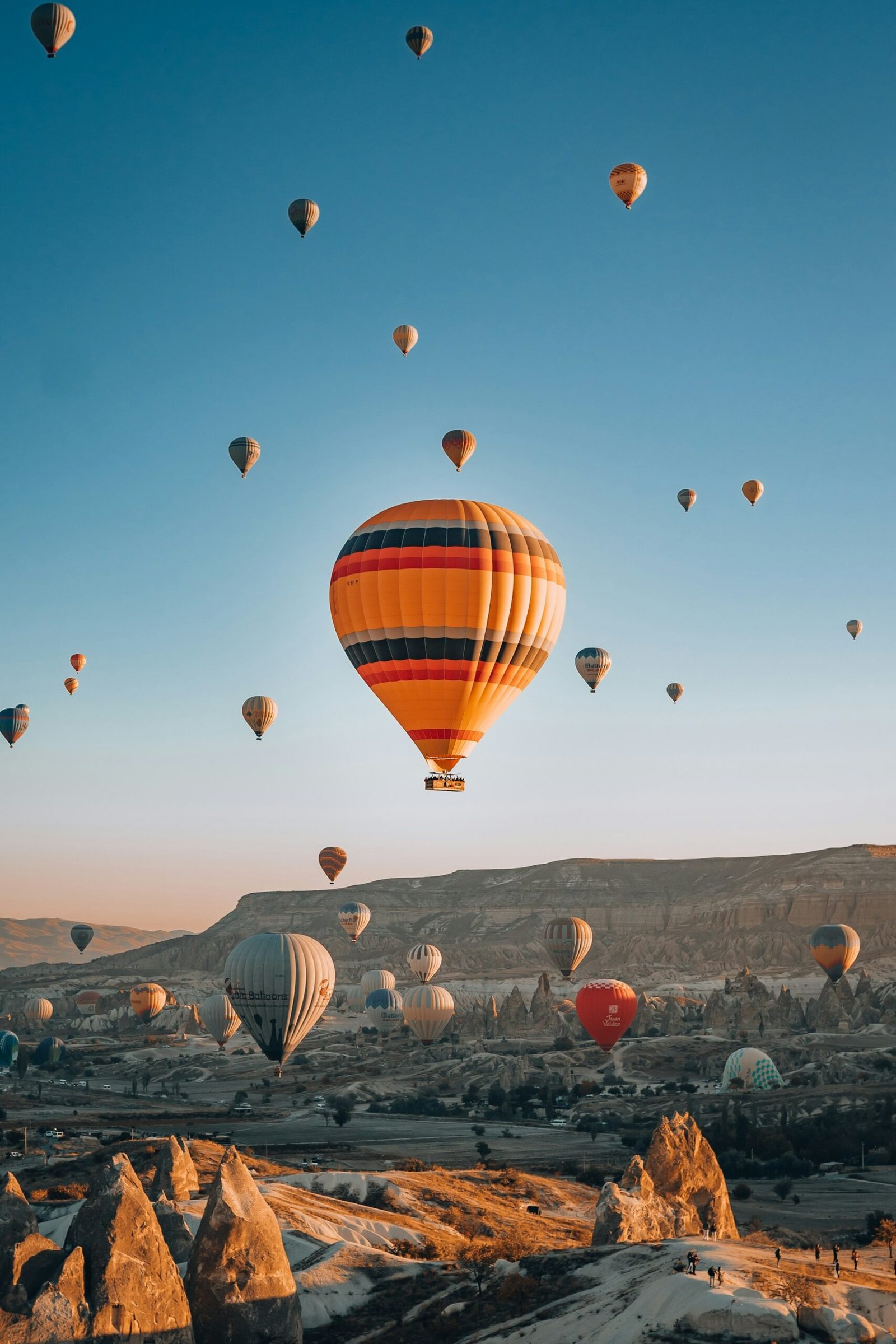 A hot-air balloon flying over Cappadocia, Türkiye