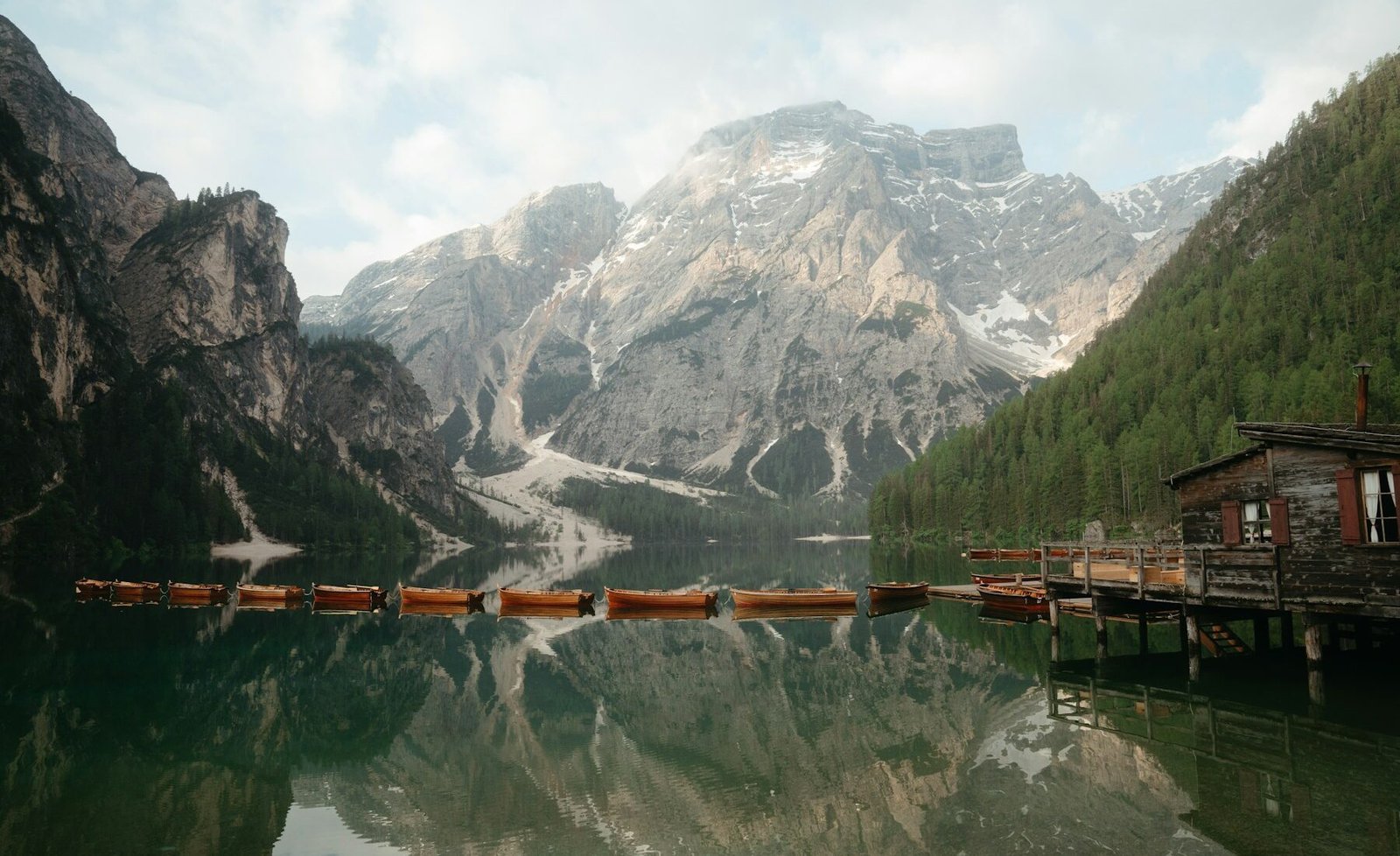Sunrise over Lago di Braies in the Dolomites