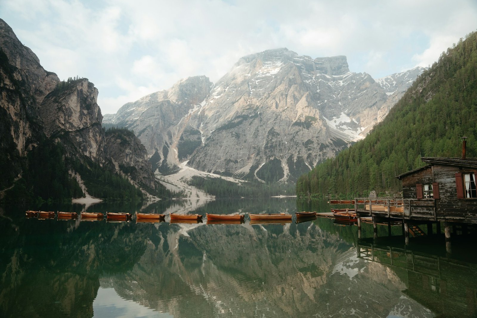 Sunrise over Lago di Braies in the Dolomites