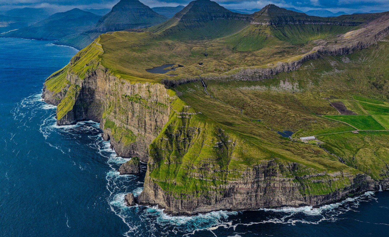 Dramatic green sea cliffs beneath a cloudy Faroe Islands sky