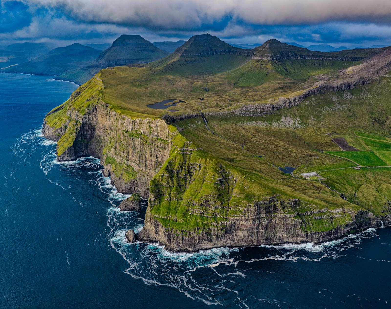 Dramatic green sea cliffs beneath a cloudy Faroe Islands sky