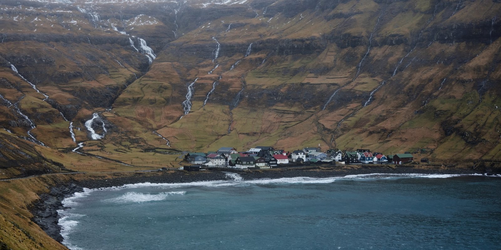 Tjørnuvík village between mountains and the North Atlantic