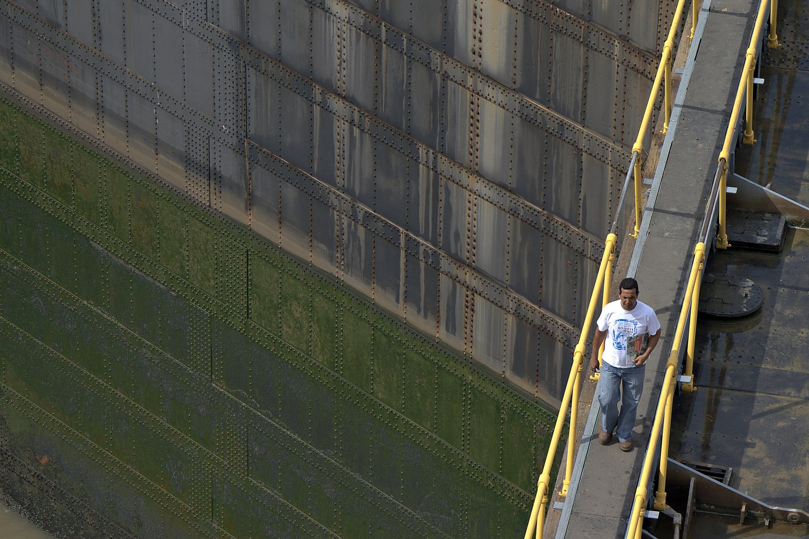A ship passing through the Miraflores Locks