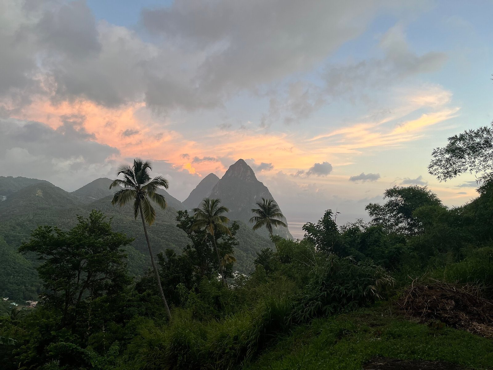 The Pitons rising above Saint Lucia's coast