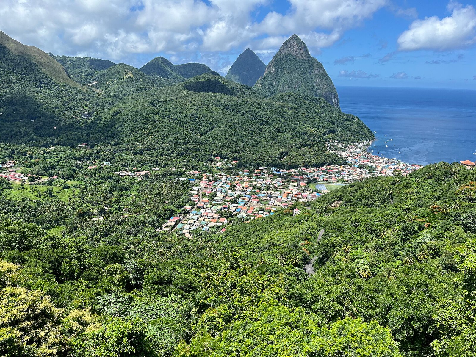 Soufrière town and the Pitons in Saint Lucia
