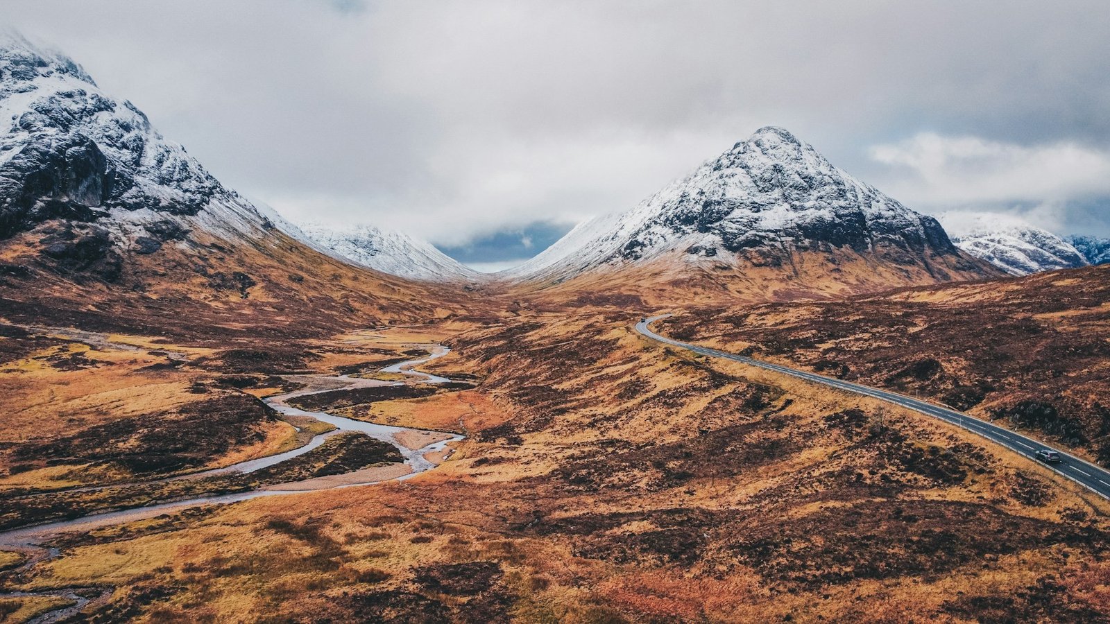A winding mountain road through the Scottish Highlands